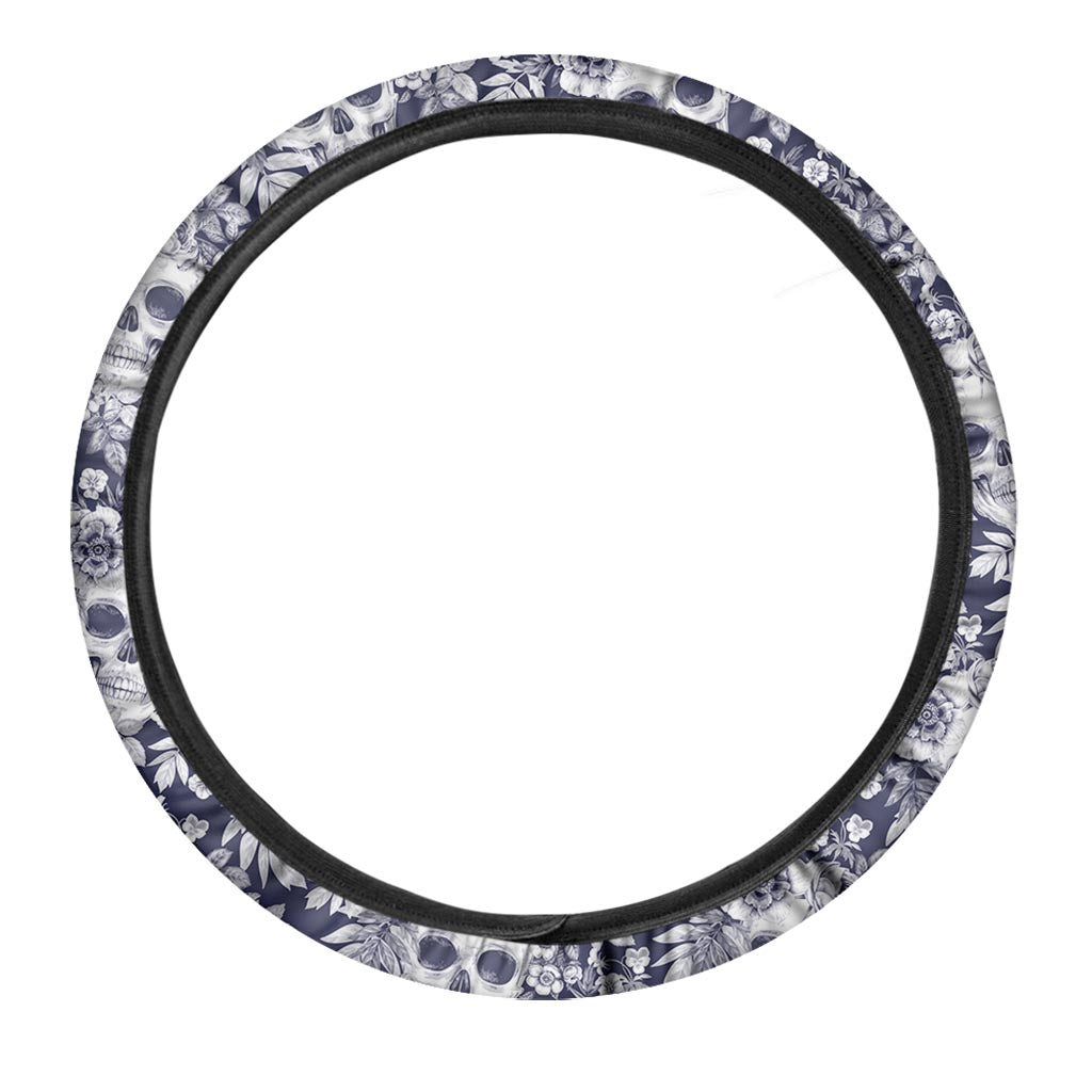 White Blue Skull Floral Pattern Print Car Steering Wheel Cover