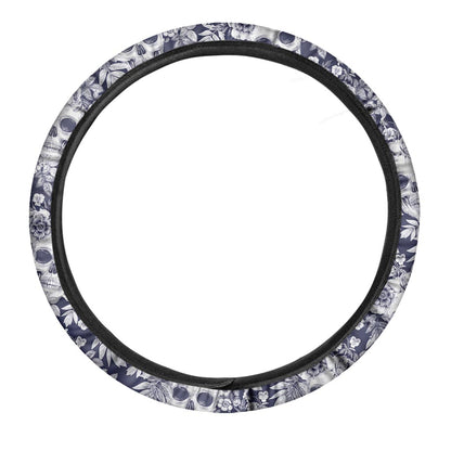 White Blue Skull Floral Pattern Print Car Steering Wheel Cover