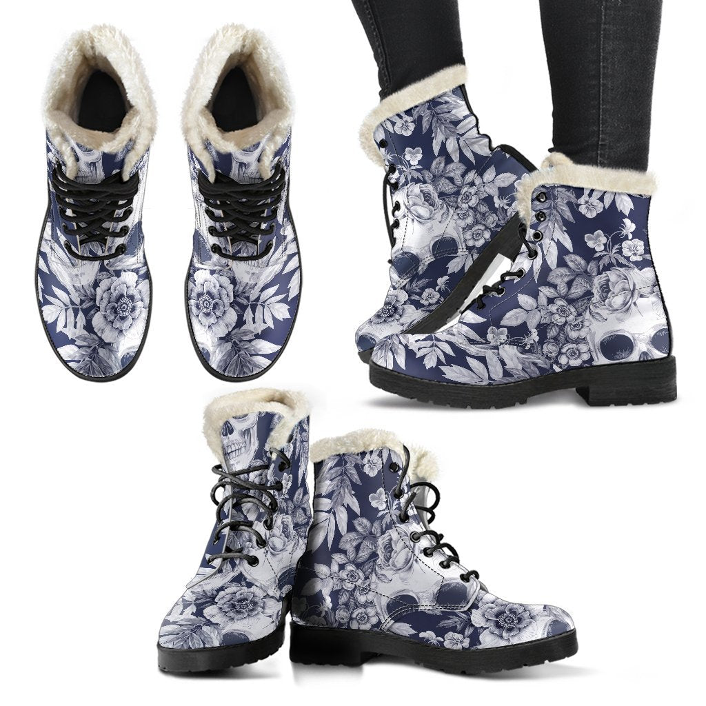 White Blue Skull Floral Pattern Print Comfy Boots GearFrost