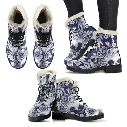 White Blue Skull Floral Pattern Print Comfy Boots GearFrost