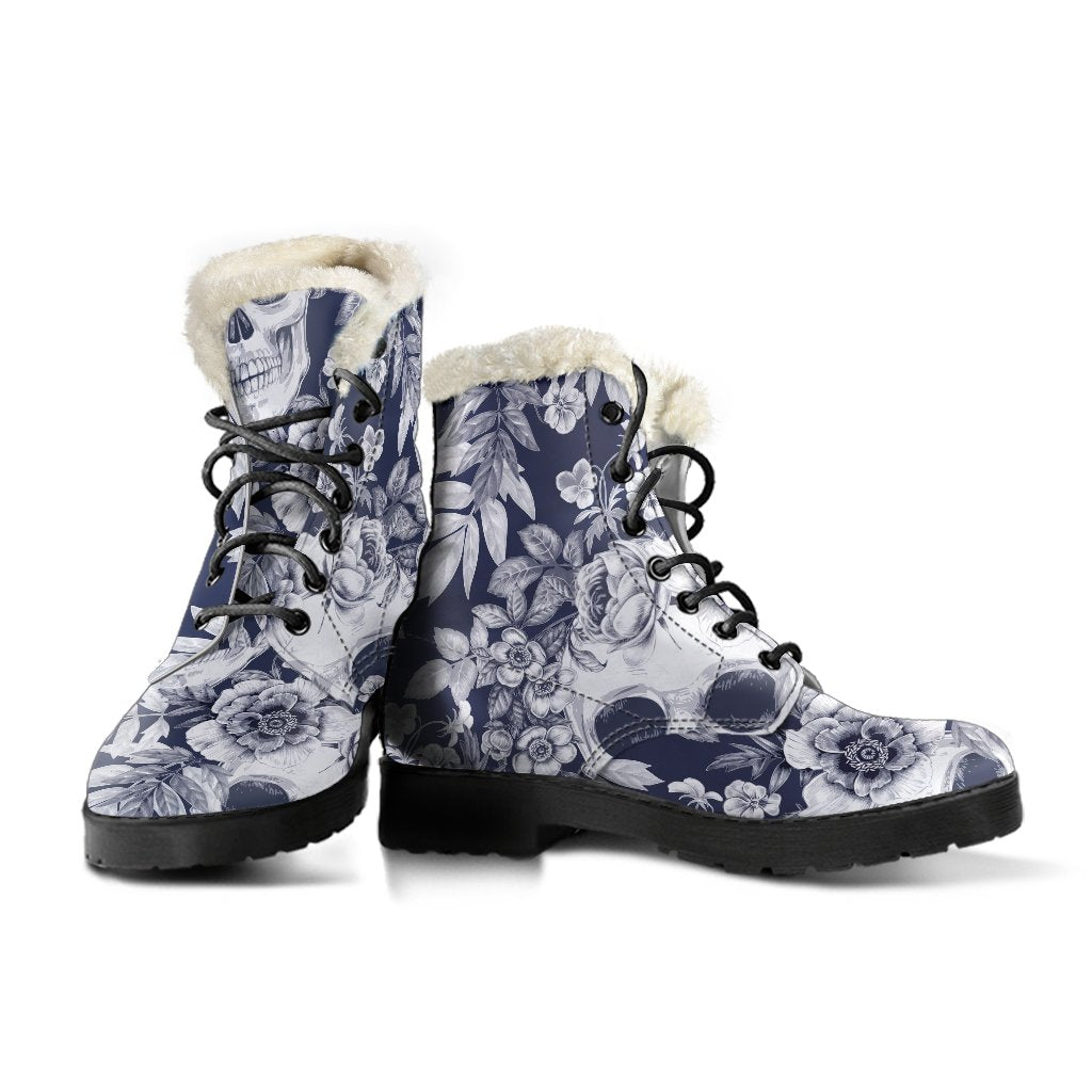 White Blue Skull Floral Pattern Print Comfy Boots GearFrost