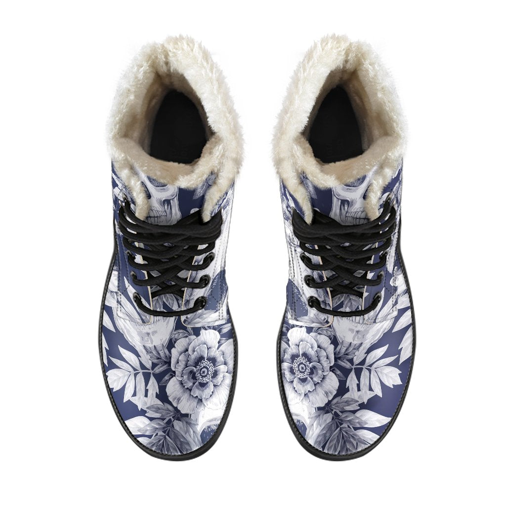 White Blue Skull Floral Pattern Print Comfy Boots GearFrost