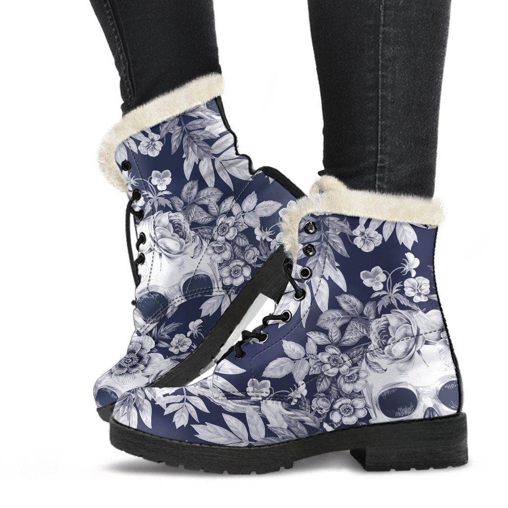 White Blue Skull Floral Pattern Print Comfy Boots GearFrost