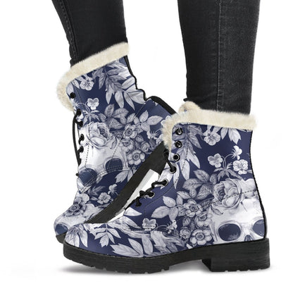 White Blue Skull Floral Pattern Print Comfy Boots GearFrost