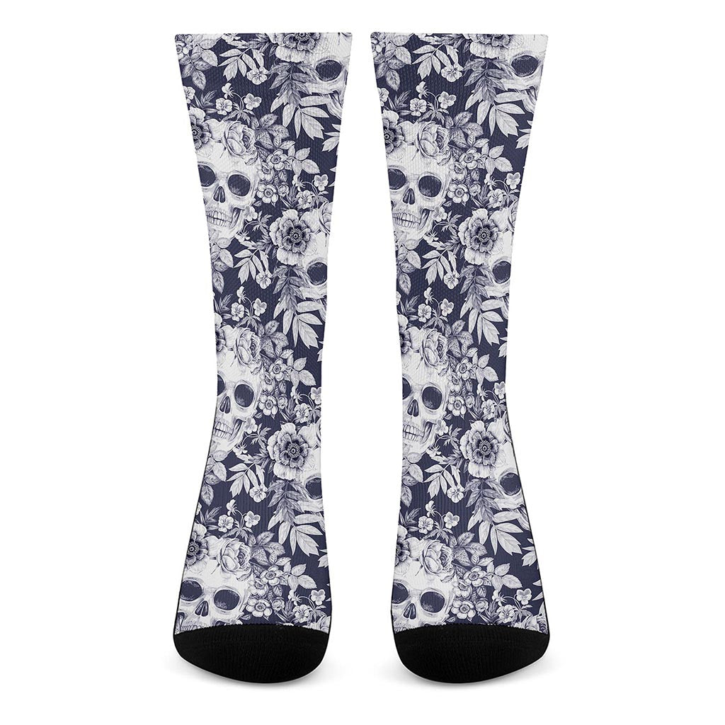 White Blue Skull Floral Pattern Print Crew Socks