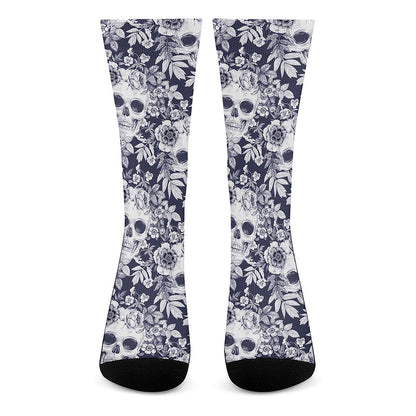 White Blue Skull Floral Pattern Print Crew Socks