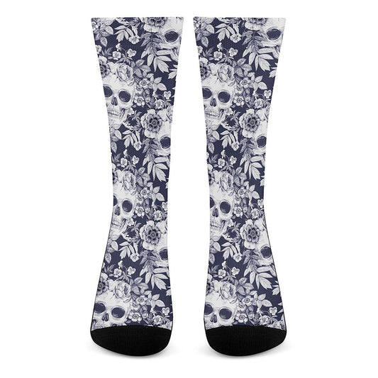 White Blue Skull Floral Pattern Print Crew Socks