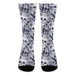 White Blue Skull Floral Pattern Print Crew Socks