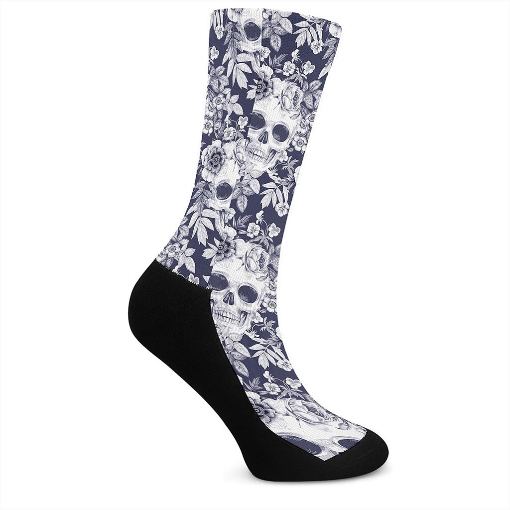 White Blue Skull Floral Pattern Print Crew Socks
