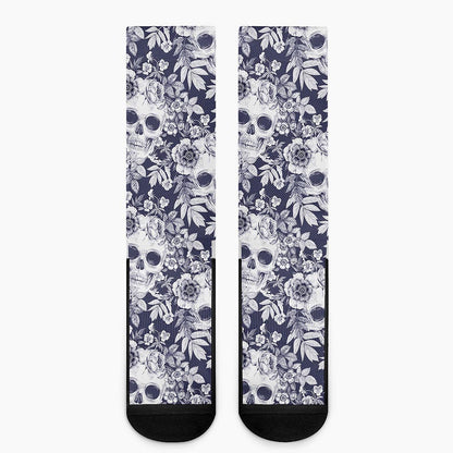 White Blue Skull Floral Pattern Print Crew Socks