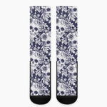 White Blue Skull Floral Pattern Print Crew Socks