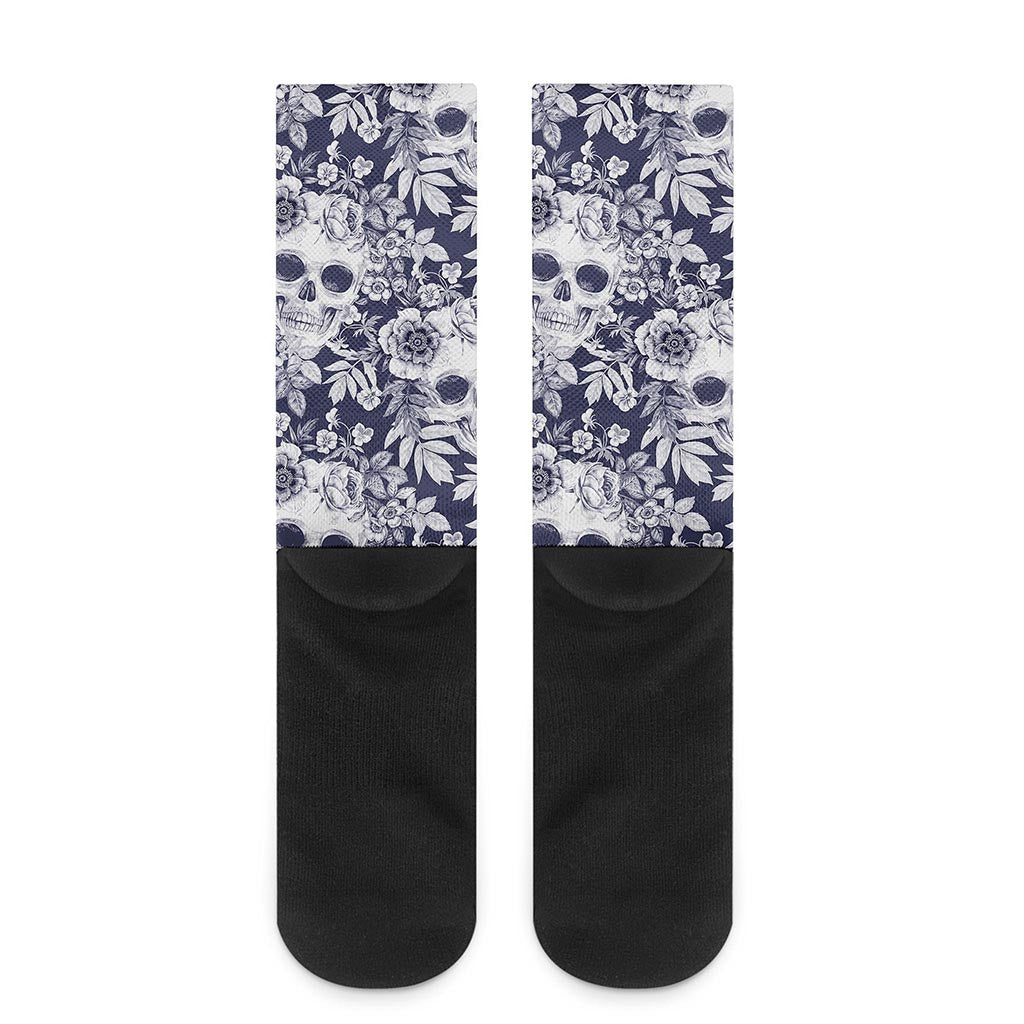 White Blue Skull Floral Pattern Print Crew Socks