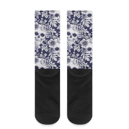 White Blue Skull Floral Pattern Print Crew Socks