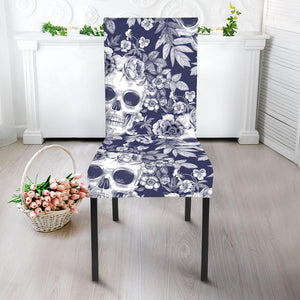 White Blue Skull Floral Pattern Print Dining Chair Slipcover