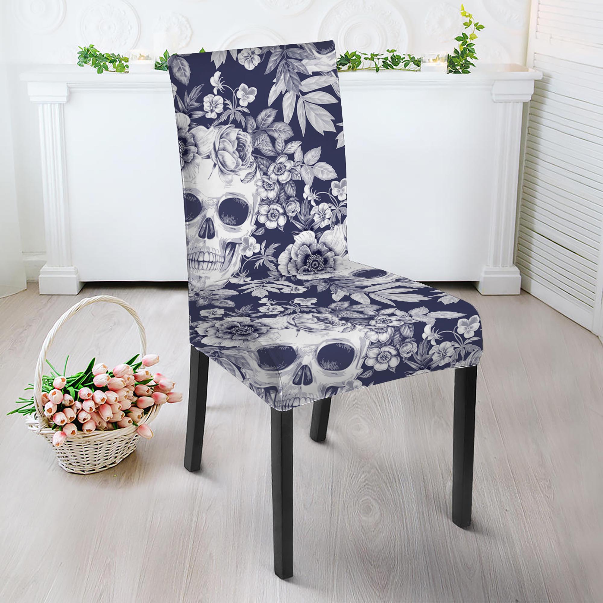 White Blue Skull Floral Pattern Print Dining Chair Slipcover