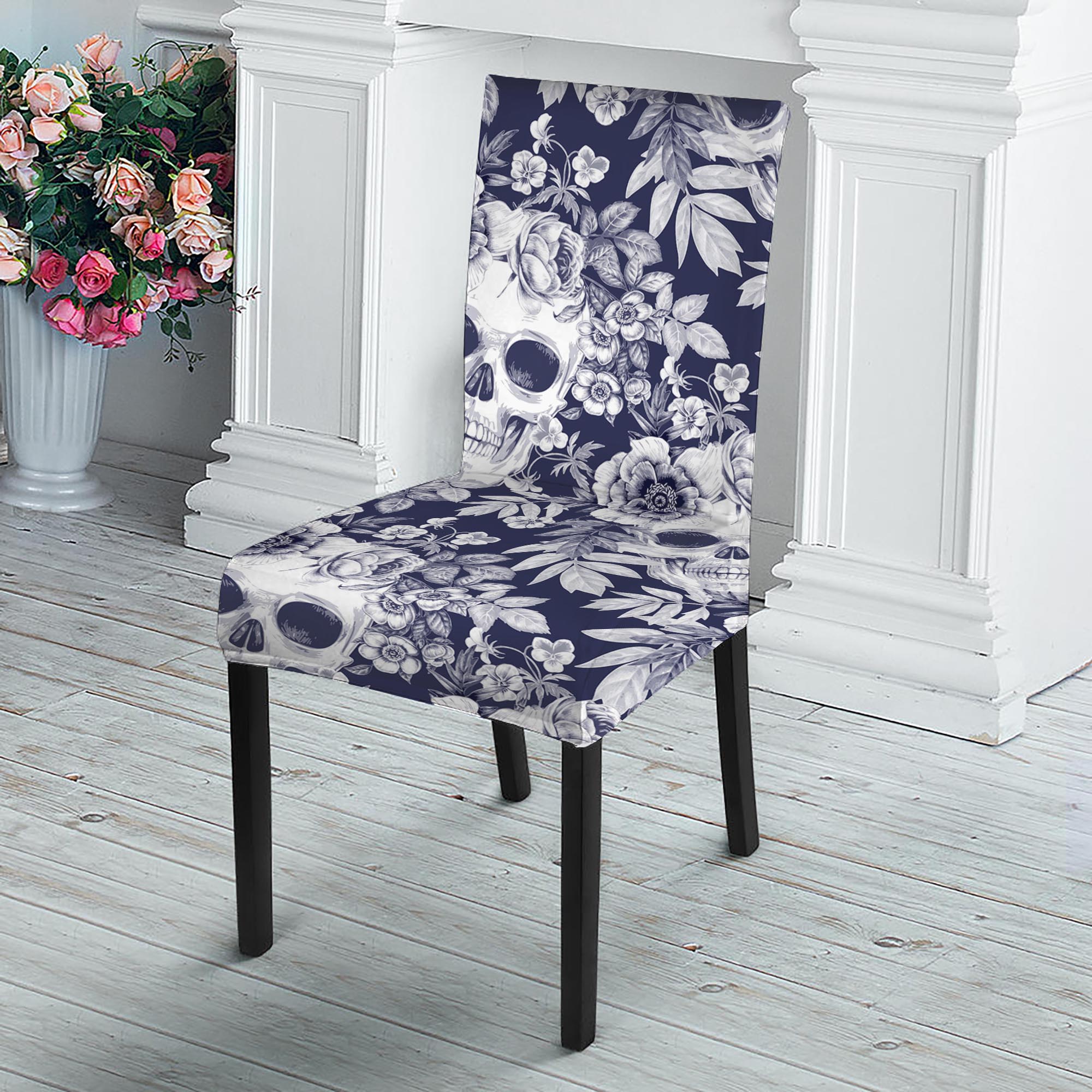 White Blue Skull Floral Pattern Print Dining Chair Slipcover