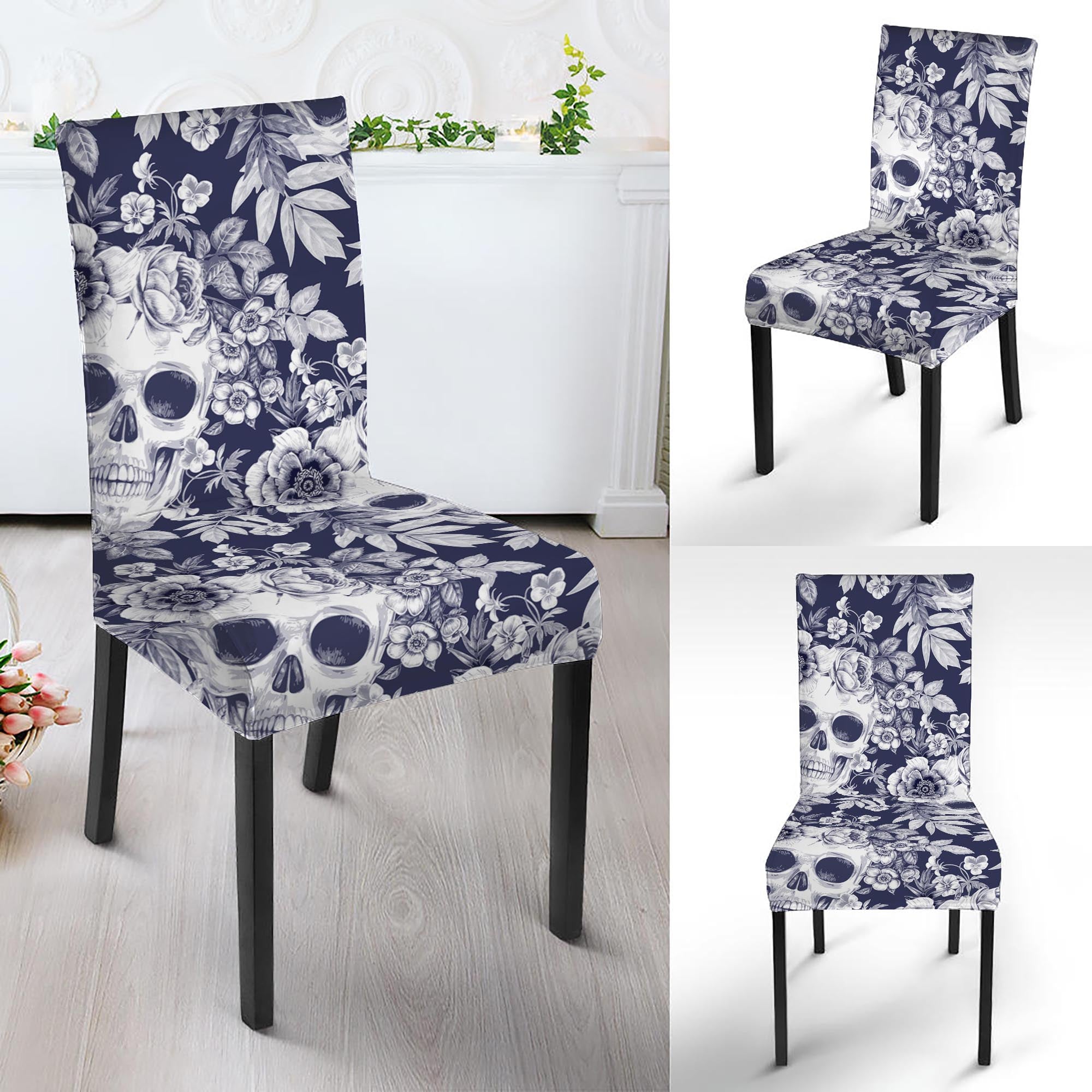 White Blue Skull Floral Pattern Print Dining Chair Slipcover