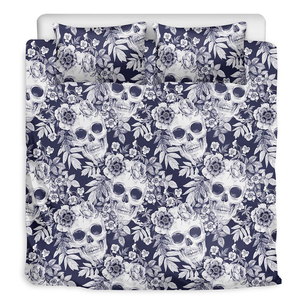 White Blue Skull Floral Pattern Print Duvet Cover Bedding Set