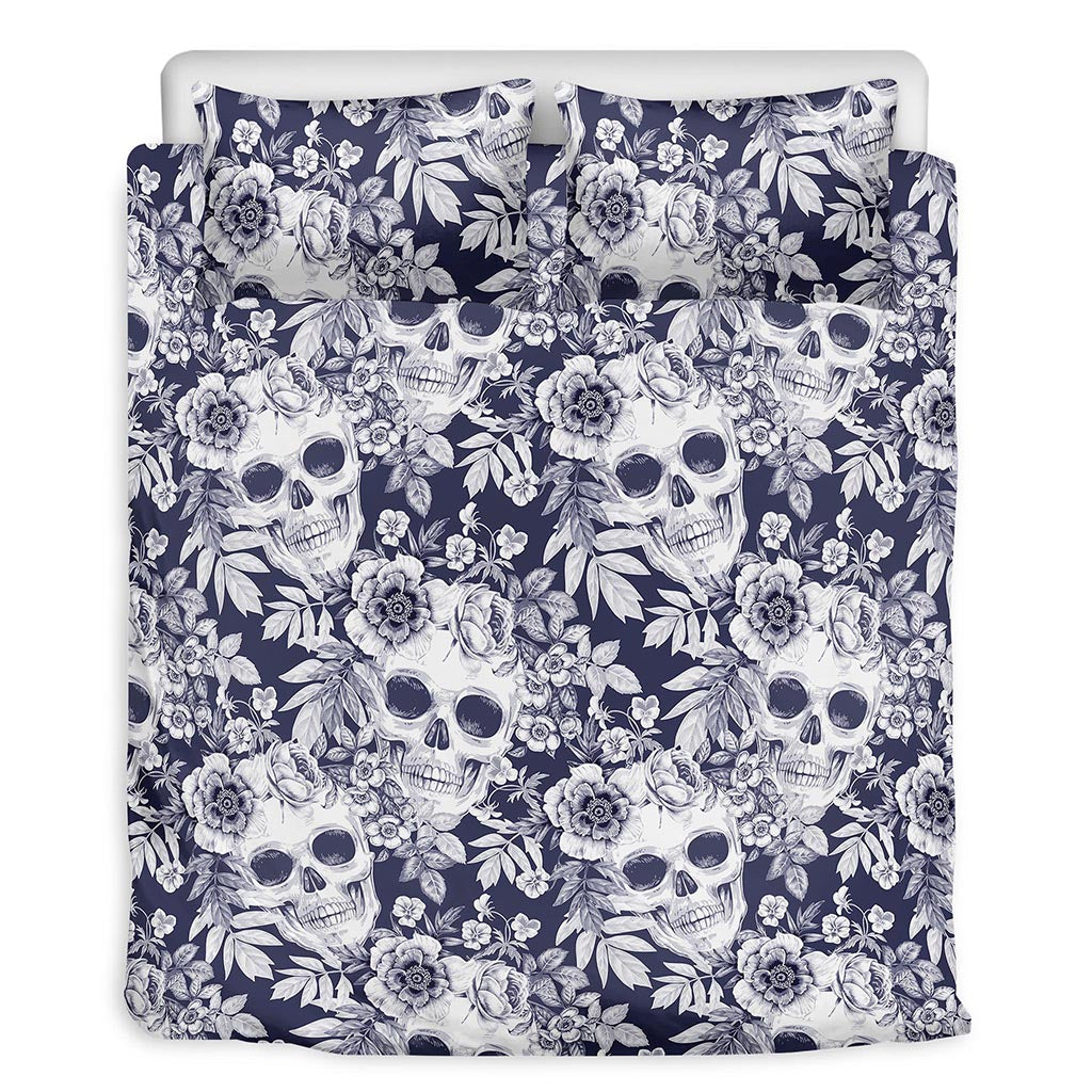 White Blue Skull Floral Pattern Print Duvet Cover Bedding Set