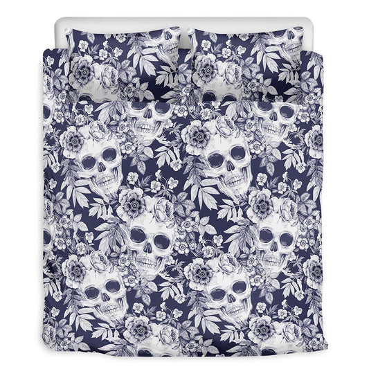 White Blue Skull Floral Pattern Print Duvet Cover Bedding Set