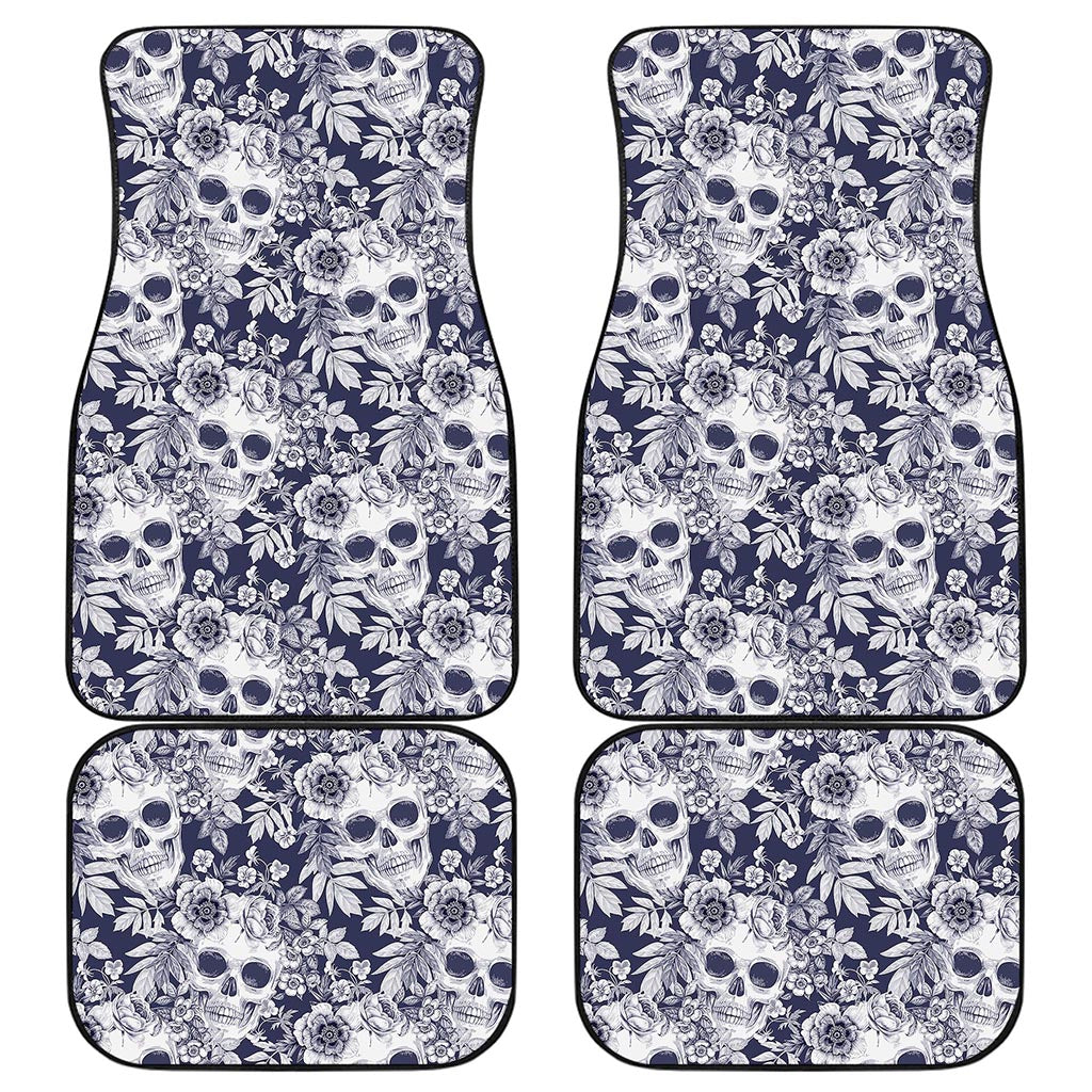 White Blue Skull Floral Pattern Print Front and Back Car Floor Mats