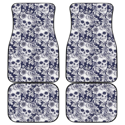 White Blue Skull Floral Pattern Print Front and Back Car Floor Mats