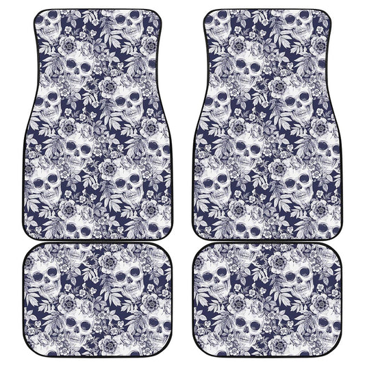 White Blue Skull Floral Pattern Print Front and Back Car Floor Mats