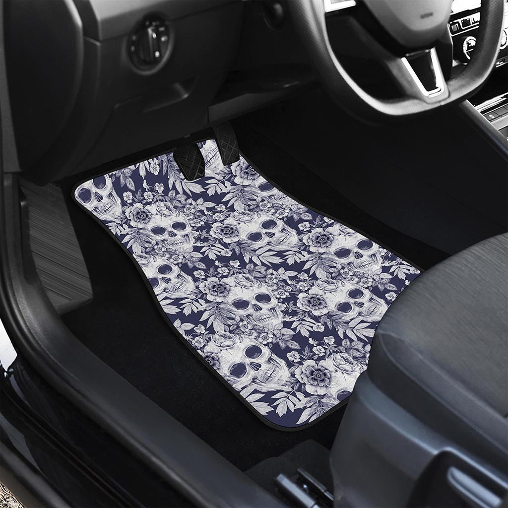 White Blue Skull Floral Pattern Print Front and Back Car Floor Mats