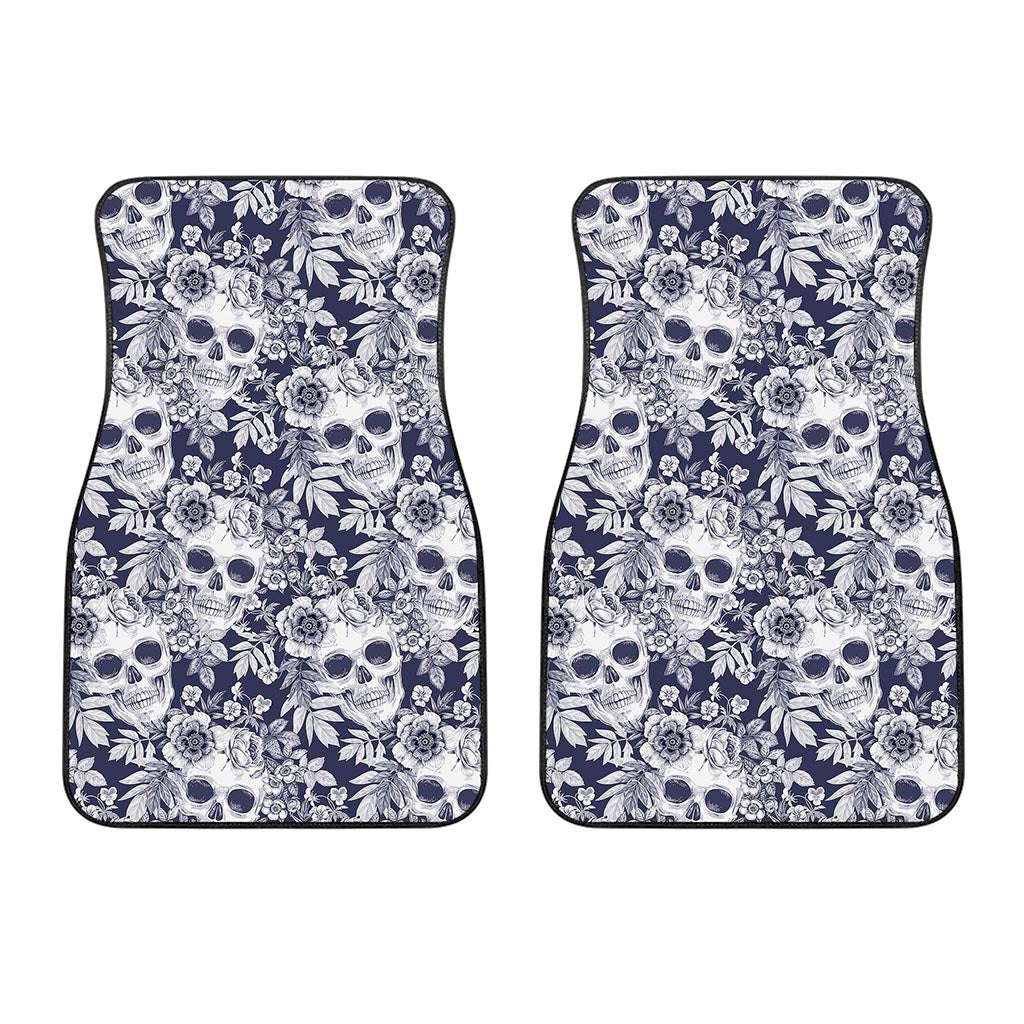 White Blue Skull Floral Pattern Print Front Car Floor Mats