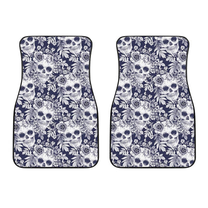 White Blue Skull Floral Pattern Print Front Car Floor Mats