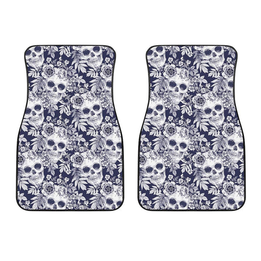 White Blue Skull Floral Pattern Print Front Car Floor Mats