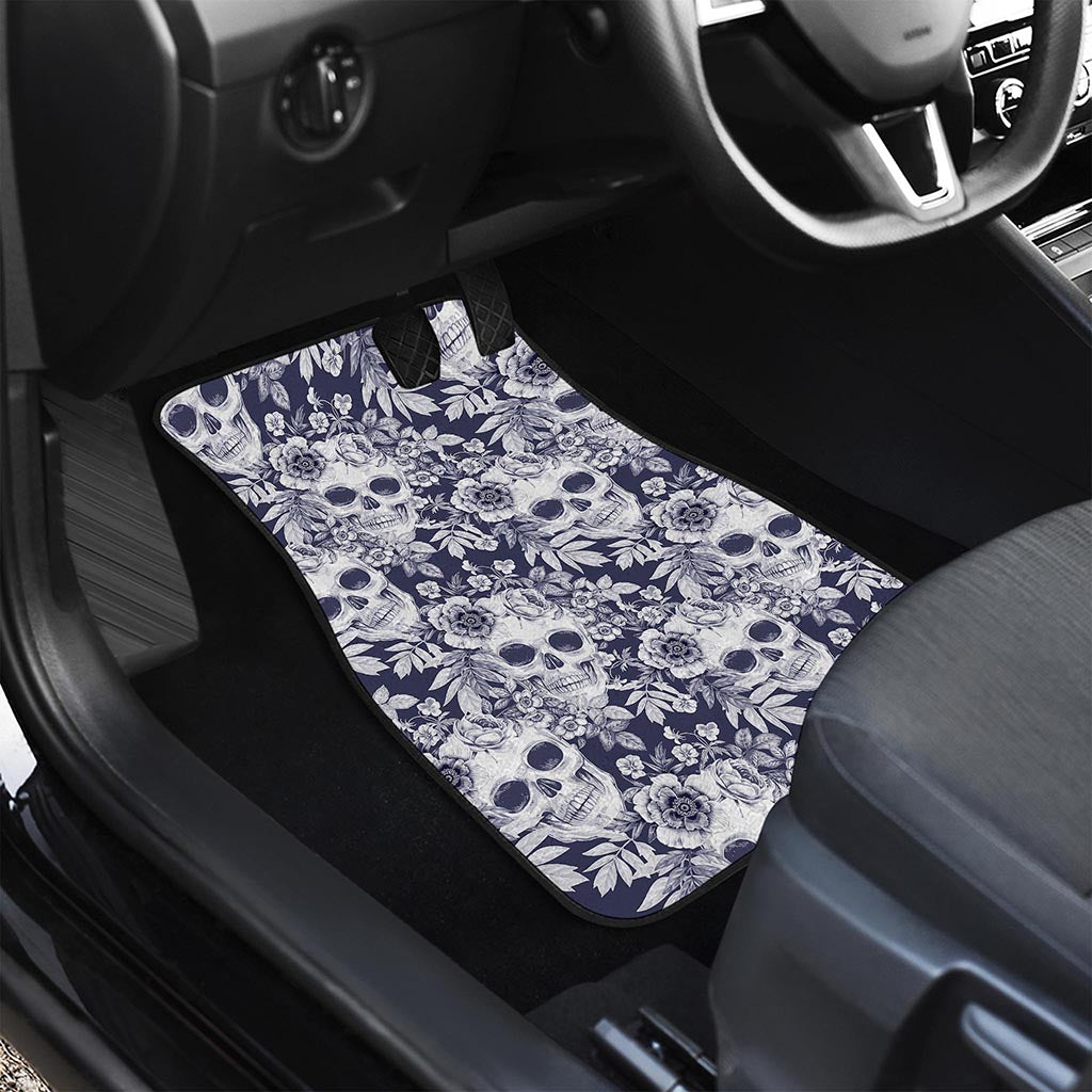 White Blue Skull Floral Pattern Print Front Car Floor Mats