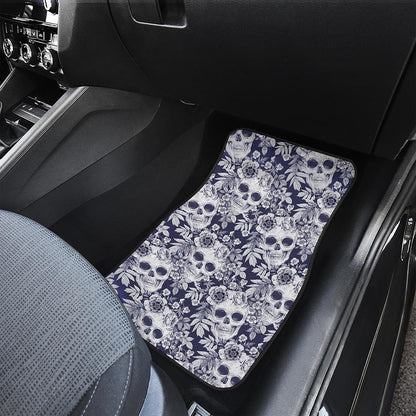 White Blue Skull Floral Pattern Print Front Car Floor Mats