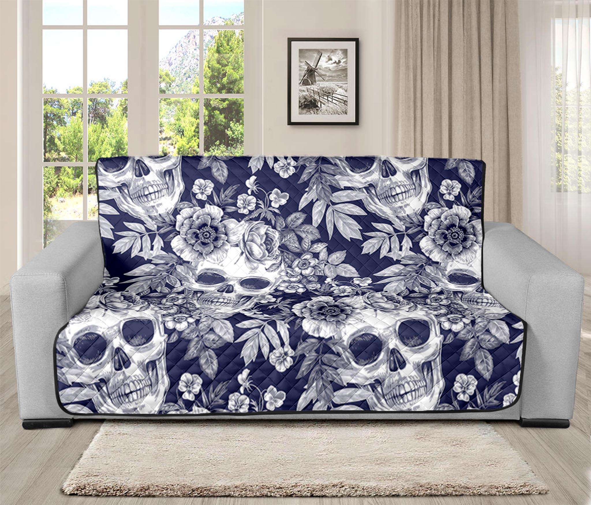 White Blue Skull Floral Pattern Print Futon Protector