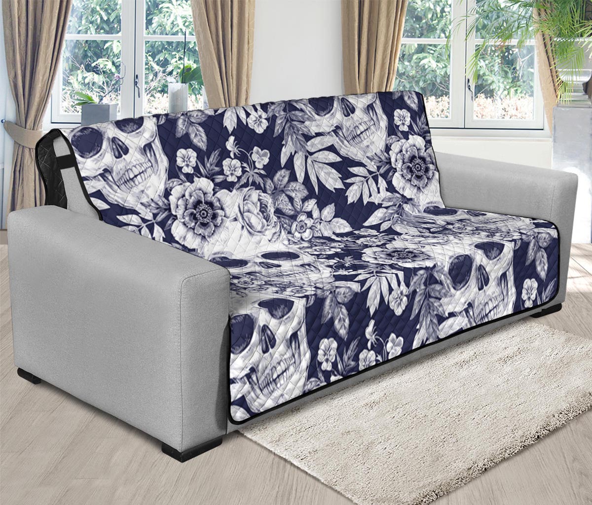 White Blue Skull Floral Pattern Print Futon Protector