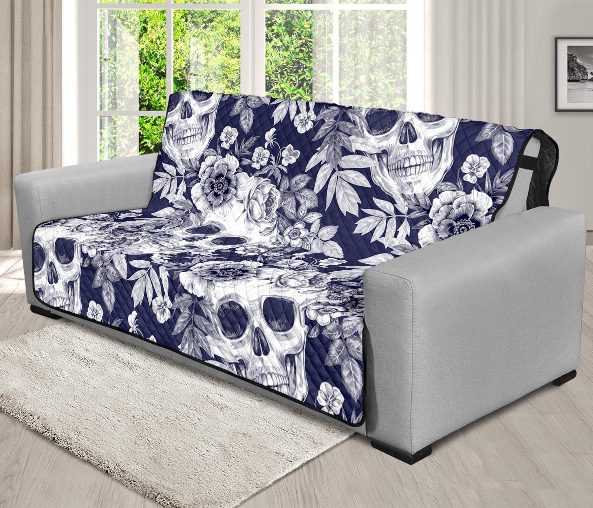 White Blue Skull Floral Pattern Print Futon Protector