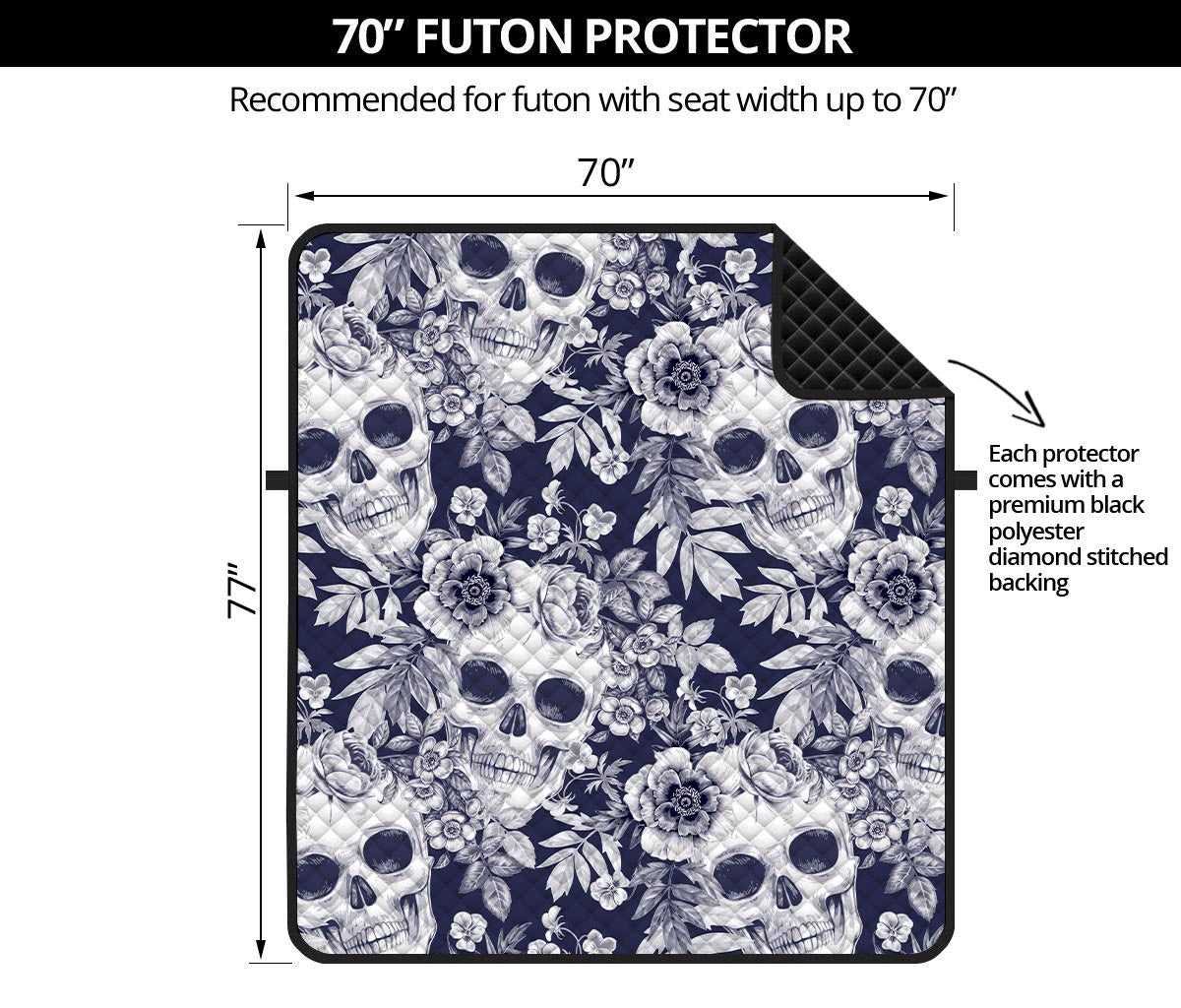 White Blue Skull Floral Pattern Print Futon Protector