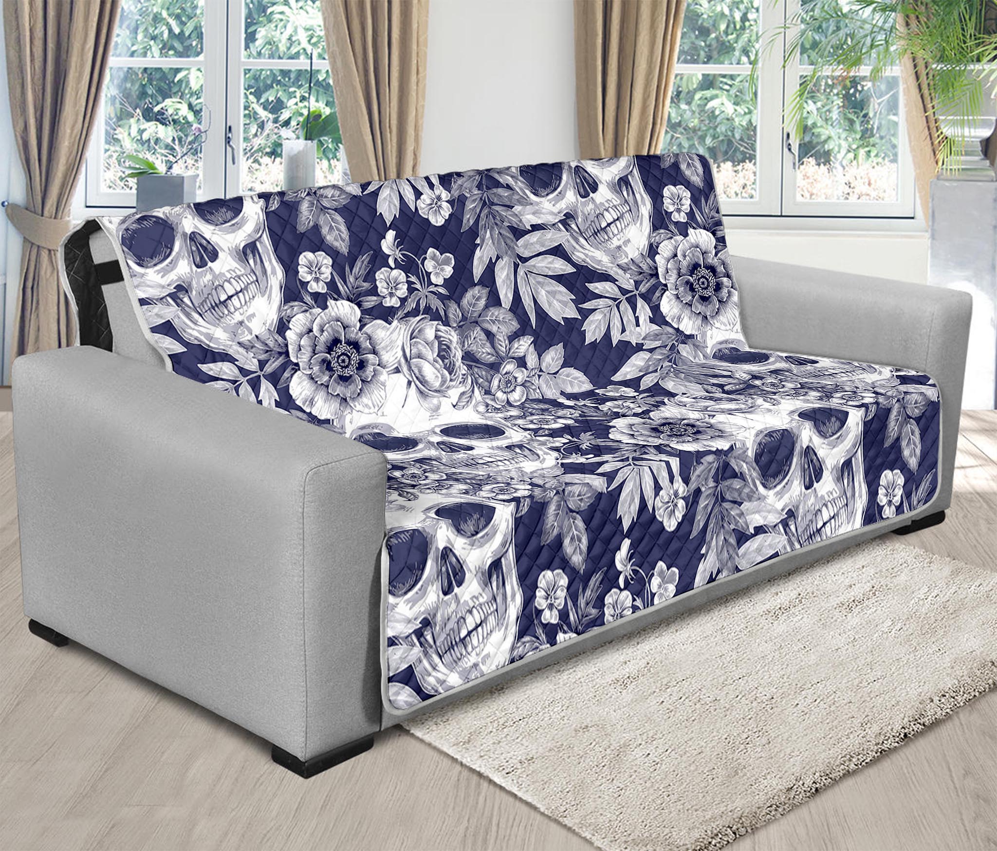 White Blue Skull Floral Pattern Print Futon Protector