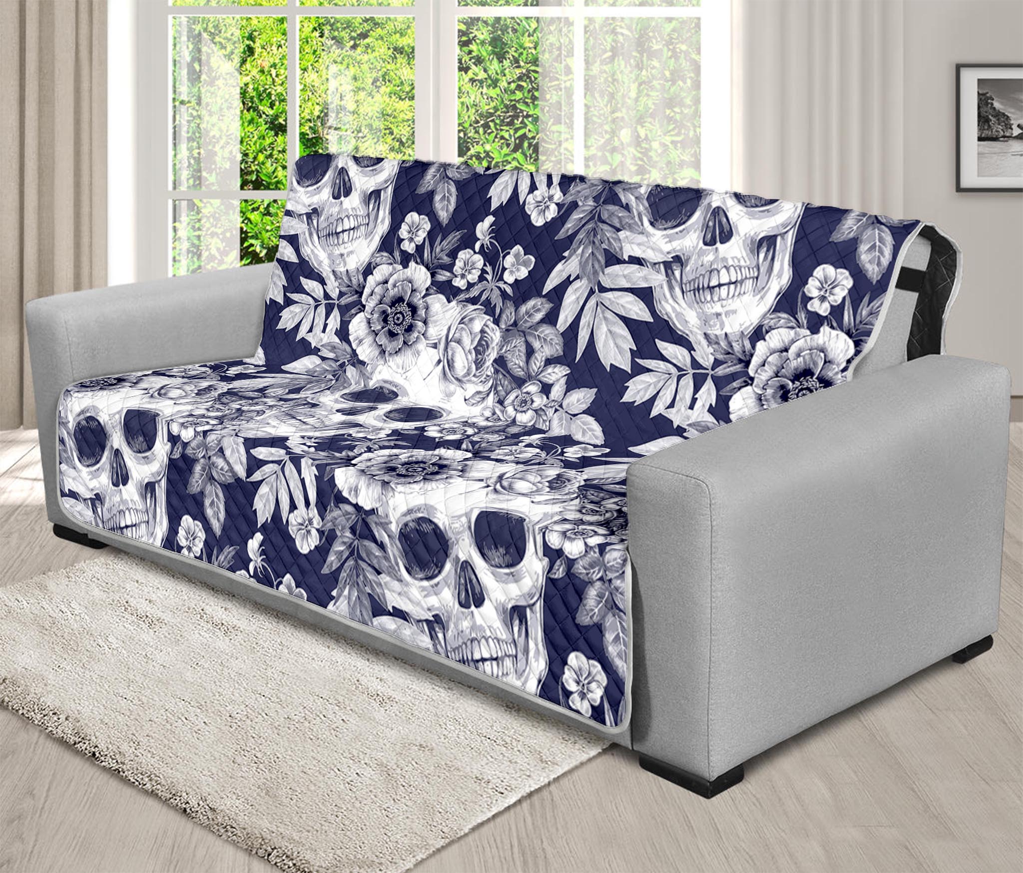 White Blue Skull Floral Pattern Print Futon Protector