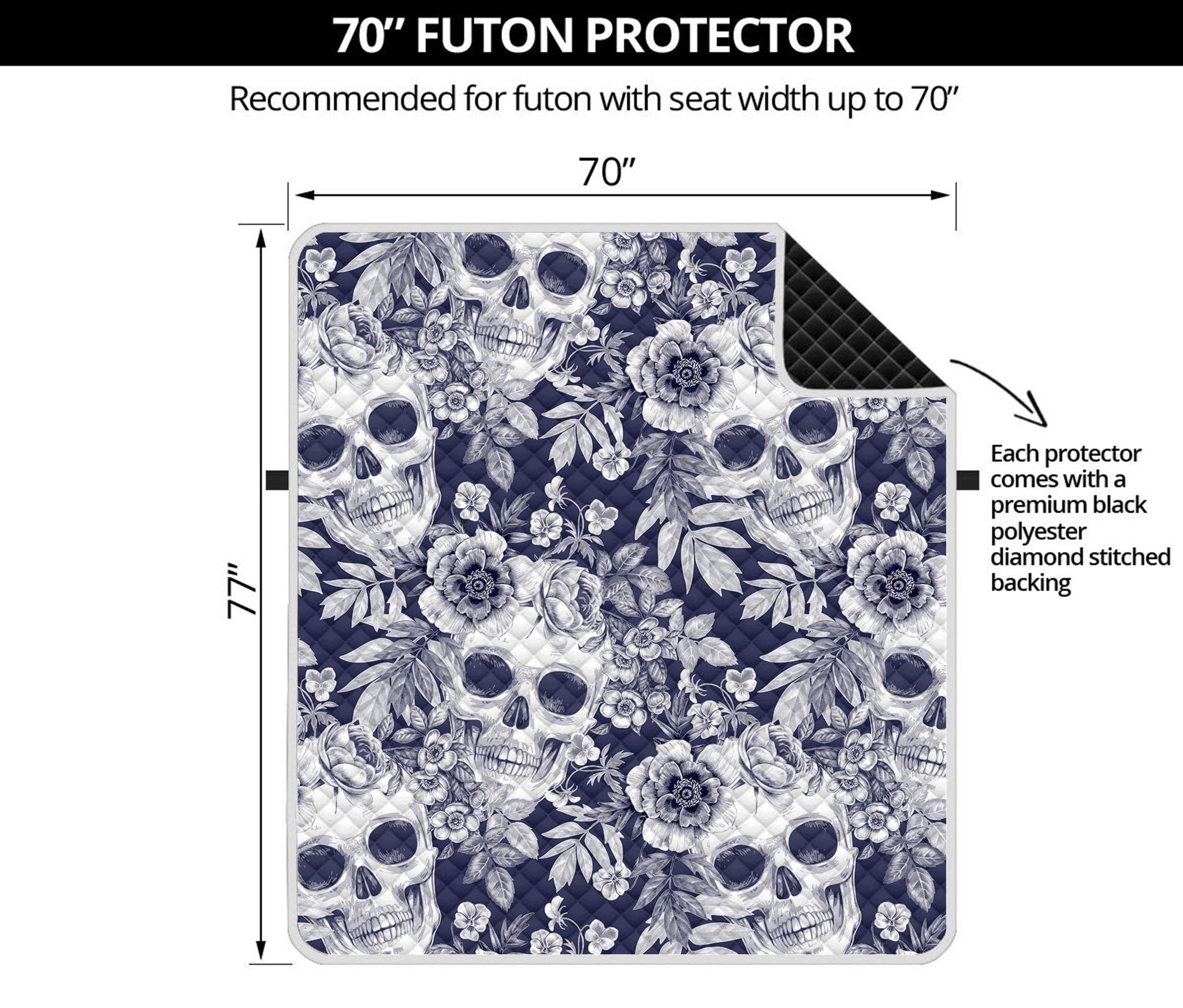 White Blue Skull Floral Pattern Print Futon Protector