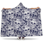 White Blue Skull Floral Pattern Print Hooded Blanket