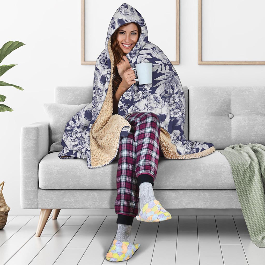White Blue Skull Floral Pattern Print Hooded Blanket