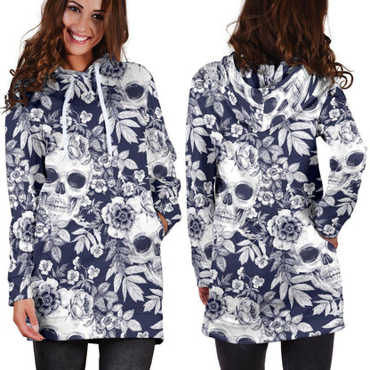 White Blue Skull Floral Pattern Print Hoodie Dress GearFrost