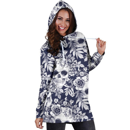 White Blue Skull Floral Pattern Print Hoodie Dress GearFrost