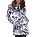 White Blue Skull Floral Pattern Print Pullover Hoodie Dress