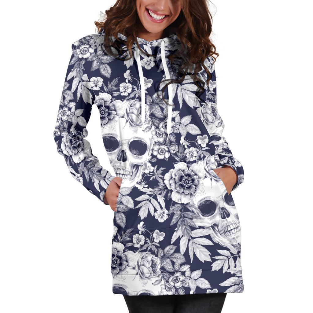 White Blue Skull Floral Pattern Print Hoodie Dress GearFrost