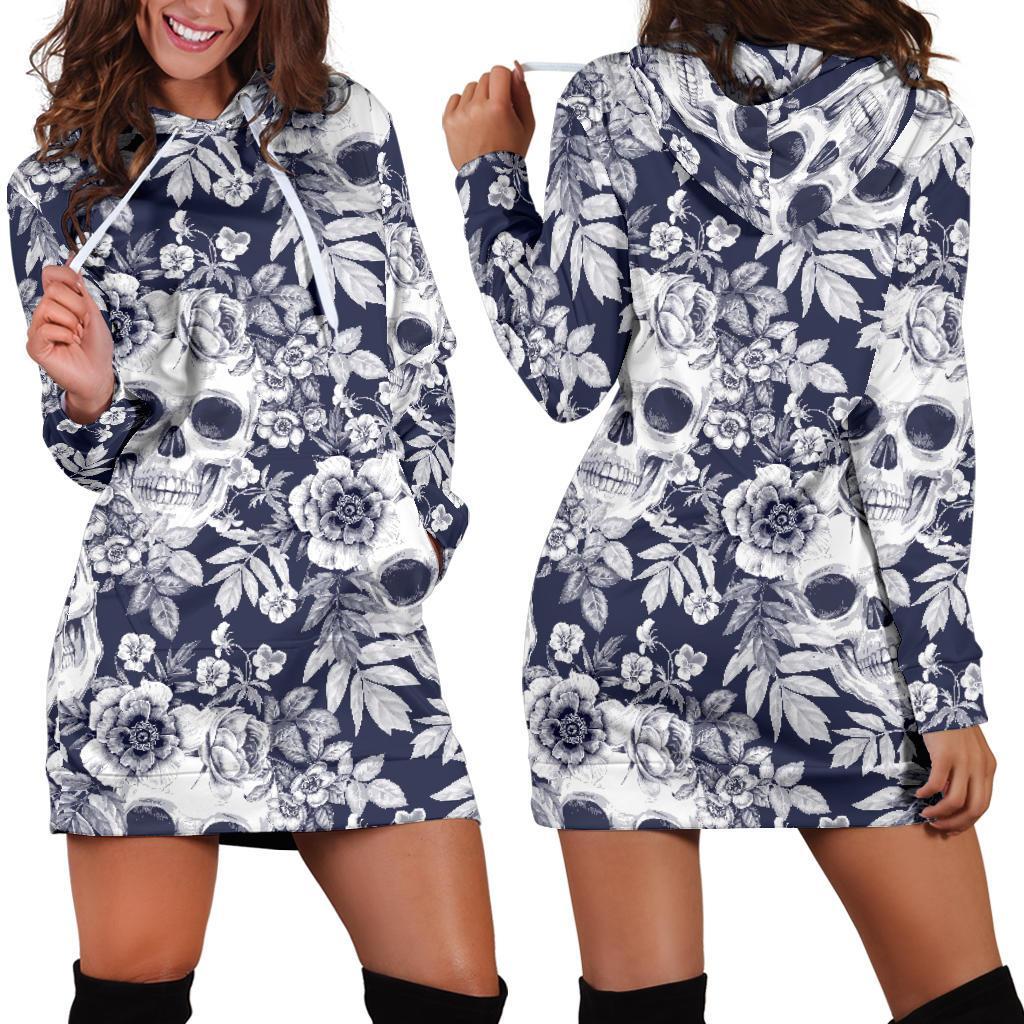 White Blue Skull Floral Pattern Print Hoodie Dress GearFrost