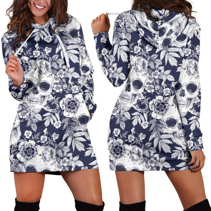White Blue Skull Floral Pattern Print Hoodie Dress GearFrost