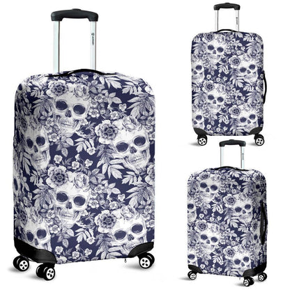 White Blue Skull Floral Pattern Print Luggage Cover GearFrost