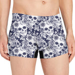 White Blue Skull Floral Pattern Print Men's Boxer Briefs